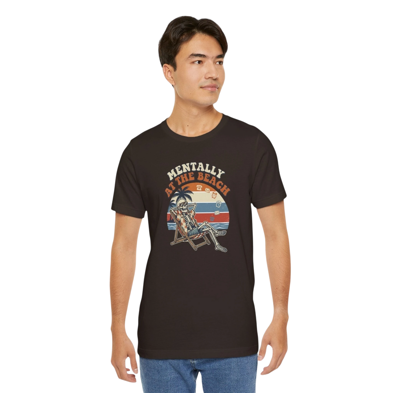 DailyThreadCo. dark brown 100% cotton t-shirt with a retro graphic of a skeleton relaxing in a beach chair under palm trees, text reads "Mentally at the Beach".