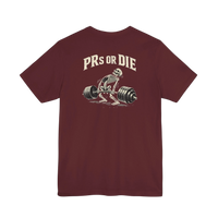 DailyThreadCo. maroon 100% cotton t-shirt with a skeleton deadlifting a barbell and 