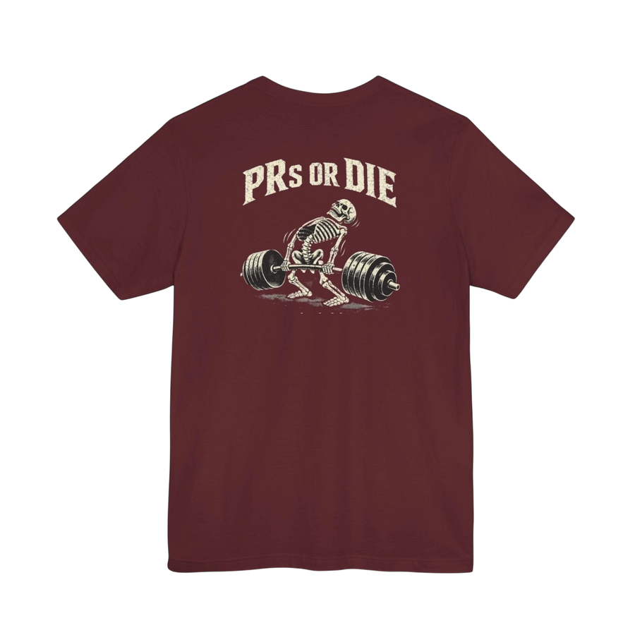 DailyThreadCo. maroon 100% cotton t-shirt with a skeleton deadlifting a barbell and "PRs or Die" text on the back.