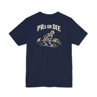 DailyThreadCo. navy blue 100% cotton t-shirt with a skeleton deadlifting a barbell and 