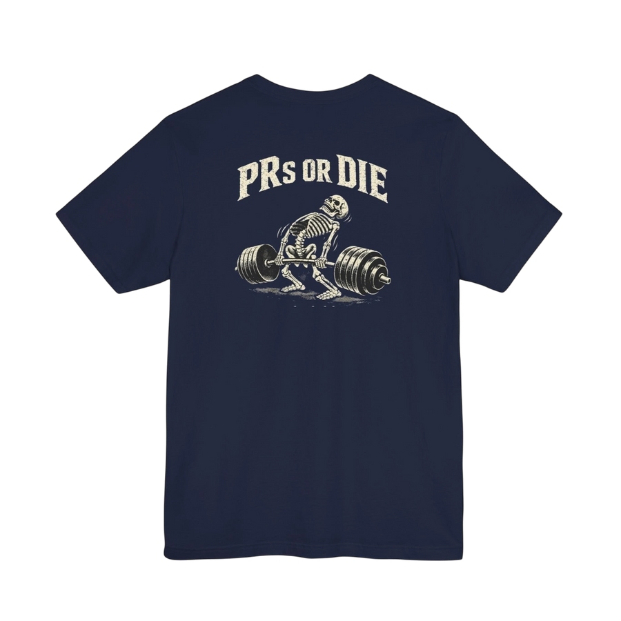 DailyThreadCo. navy blue 100% cotton t-shirt with a skeleton deadlifting a barbell and "PRs or Die" text on the back.