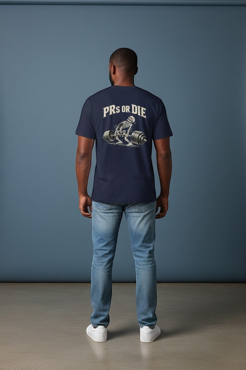 DailyThreadCo. navy blue 100% cotton t-shirt with skeleton deadlifting graphic and "PRs or Die" text on back.