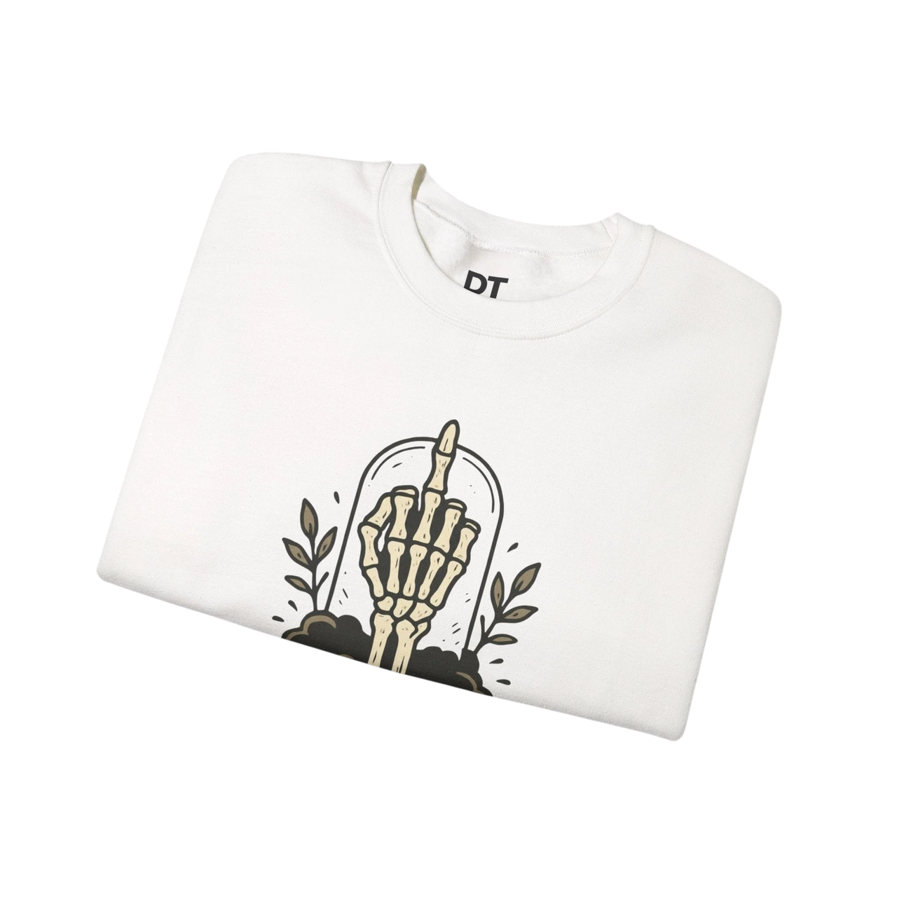 DailyThreadCo. white crewneck sweatshirt with a graphic of a skeleton hand giving the middle finger inside a glass dome, surrounded by leaves.