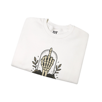 DailyThreadCo. white crewneck sweatshirt with a graphic of a skeleton hand giving the middle finger inside a glass dome, surrounded by leaves.