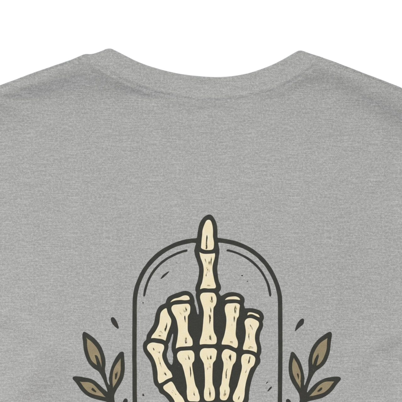 DailyThreadCo. grey 100% cotton t-shirt with a graphic of a skeleton hand giving the middle finger inside a dome, with leaves on either side.