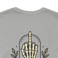 DailyThreadCo. grey 100% cotton t-shirt with a graphic of a skeleton hand giving the middle finger inside a dome, with leaves on either side.