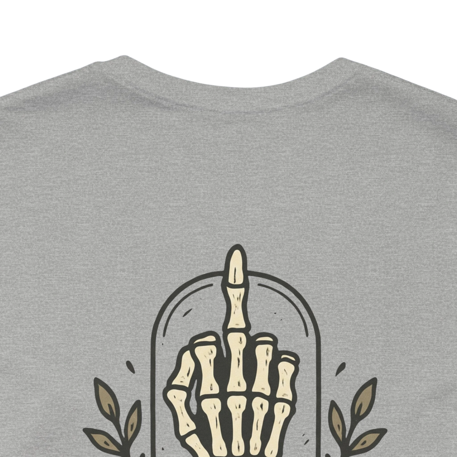 DailyThreadCo. grey 100% cotton t-shirt with a graphic of a skeleton hand giving the middle finger inside a dome, with leaves on either side.