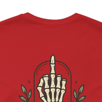 DailyThreadCo. Muted rose 100% cotton t-shirt with a skeleton hand graphic giving the middle finger and 