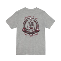 DailyThreadCo. grey 100% cotton t-shirt with a skeleton weightlifter graphic and 
