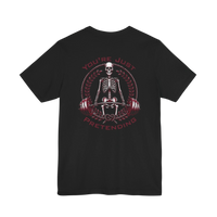 DailyThreadCo. black 100% cotton t-shirt with a skeleton weightlifter graphic and the text 