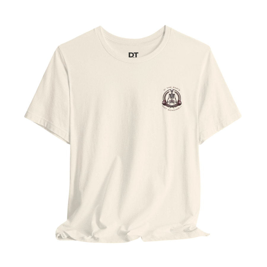 DailyThreadCo. cream 100% cotton t-shirt with a small chest graphic of a skeleton lifting weights and a larger graphic on the back.