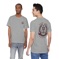 DailyThreadCo grey 100% cotton t-shirt with skeleton weightlifter graphic on back and chest emblem. Retail fit.