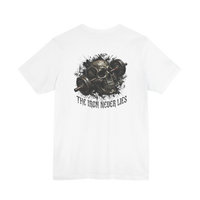 DailyThreadCo. white cotton t-shirt with a graphic of a skull and barbell, and the text 