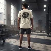 DailyThreadCo. cream cotton t-shirt with a graphic of a skull and barbell on the back, reading 