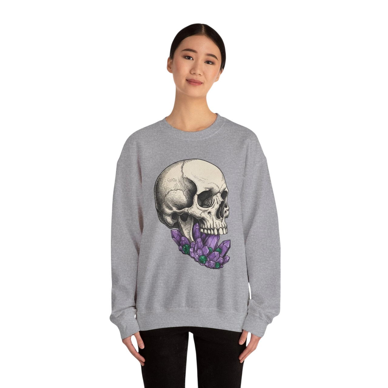 DailyThreadCo. grey crewneck sweatshirt with a detailed skull graphic adorned with purple crystals. Cotton-poly blend.