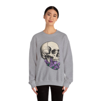 DailyThreadCo. grey crewneck sweatshirt with a detailed skull graphic adorned with purple crystals. Cotton-poly blend.