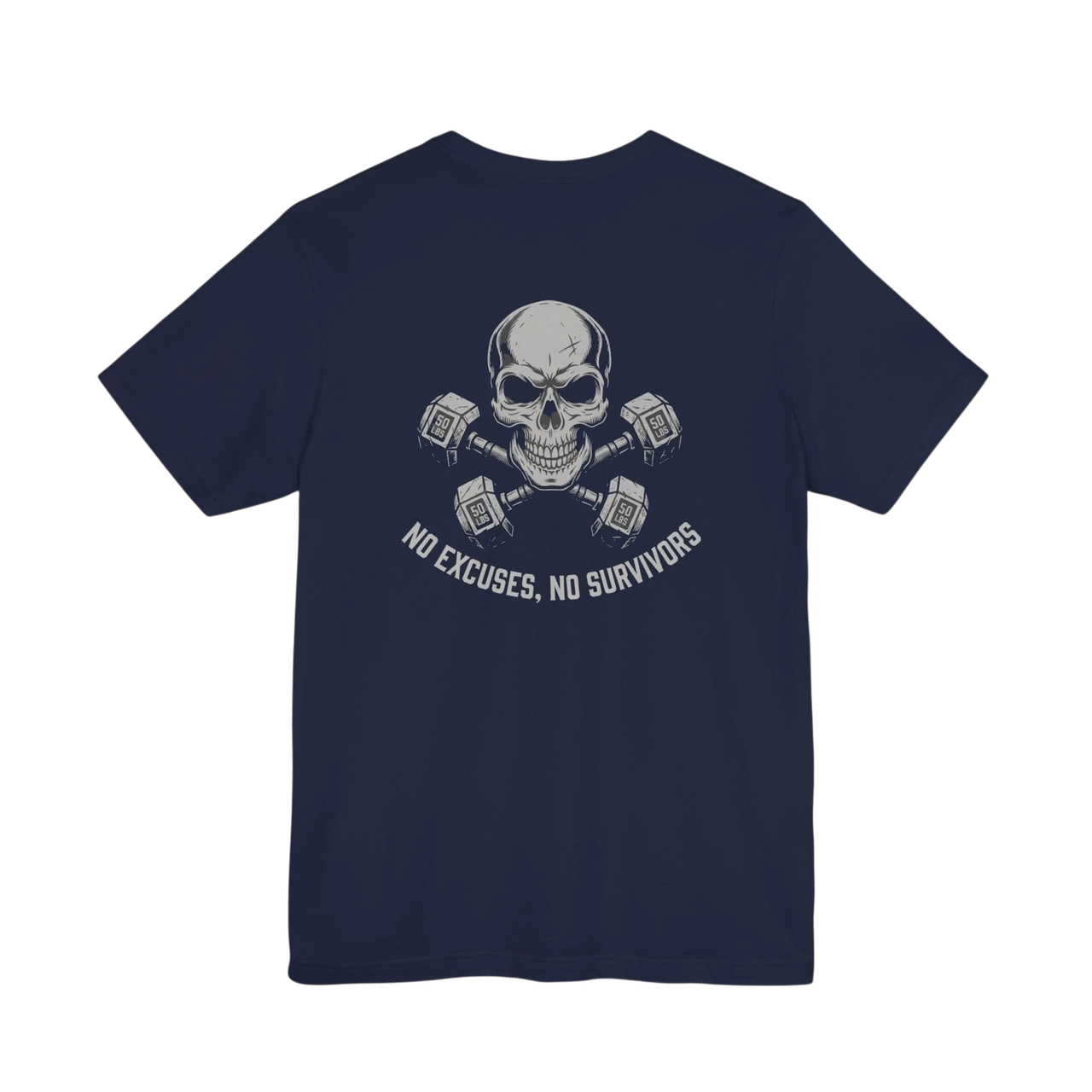 DailyThreadCo. navy blue 100% Airlume cotton t-shirt with a graphic of a skull and dumbbells and the text "No Excuses, No Survivors".