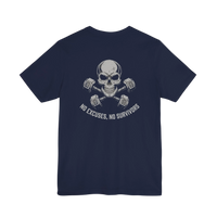 DailyThreadCo. navy blue 100% Airlume cotton t-shirt with a graphic of a skull and dumbbells and the text 
