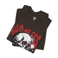 DailyThreadCo. brown 100% cotton t-shirt with a distressed white skull graphic and red 'Hamless' text. Crew neck, short sleeves.