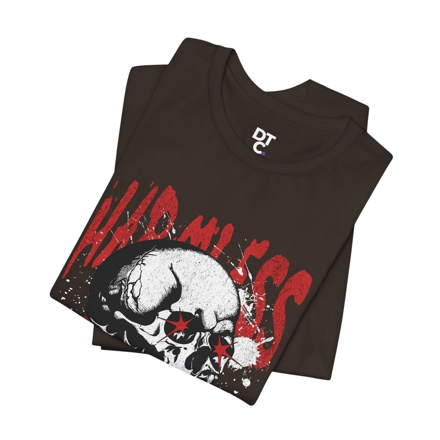 DailyThreadCo. brown 100% cotton t-shirt with a distressed white skull graphic and red 'Hamless' text. Crew neck, short sleeves.