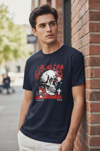 DailyThreadCo. navy blue 100% cotton t-shirt with a distressed skull graphic, red accents, and 
