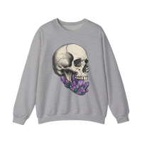 DailyThreadCo. grey crewneck sweatshirt with a detailed sketch of a skull biting purple crystals.