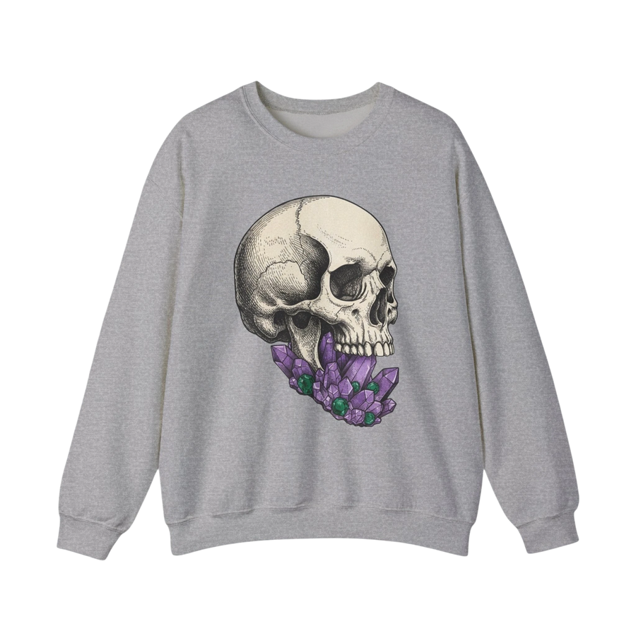 DailyThreadCo. grey crewneck sweatshirt with a detailed sketch of a skull biting purple crystals.