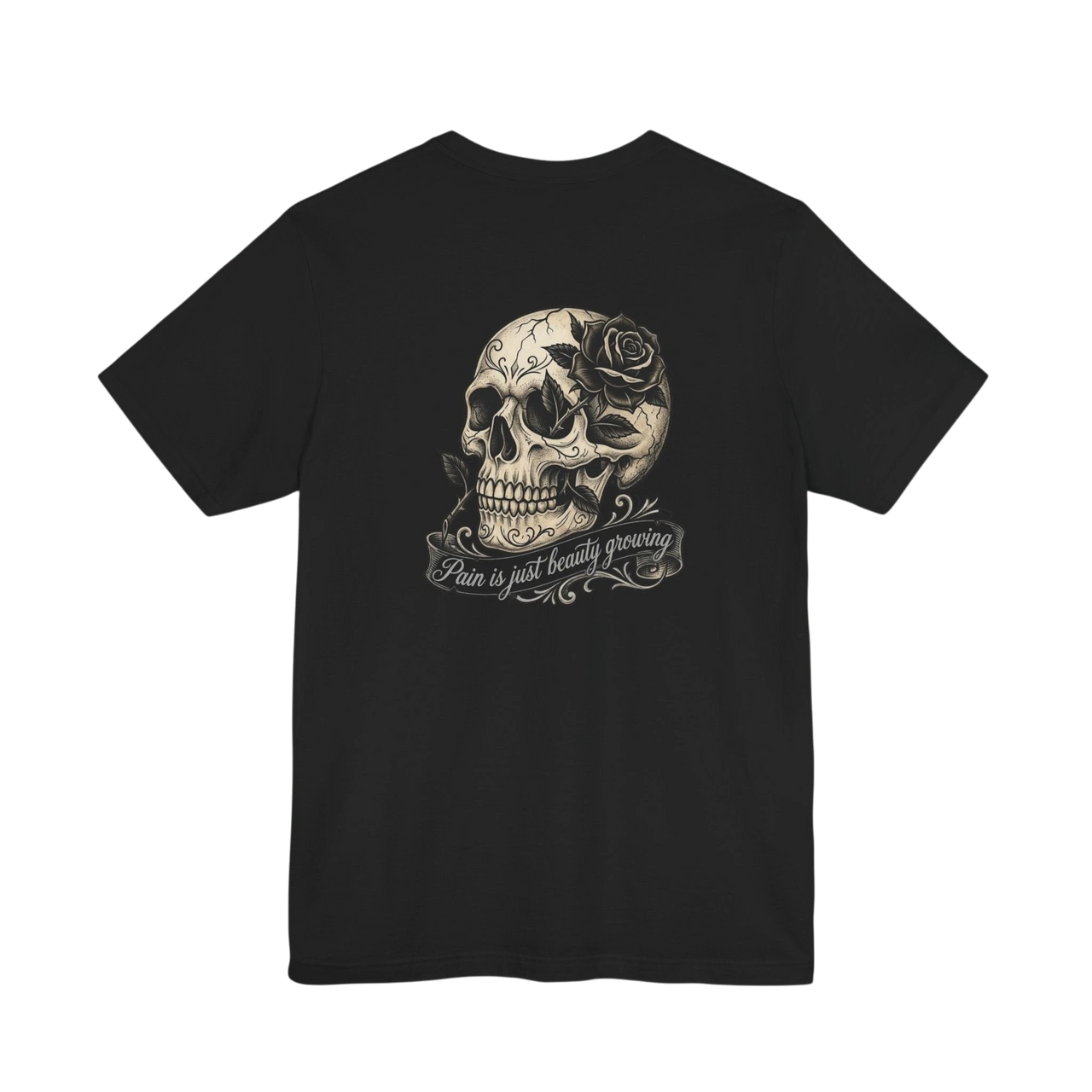 DailyThreadCo. black 100% cotton t-shirt with a detailed graphic of a skull adorned with a rose and a banner reading "Pain is just beauty growing".