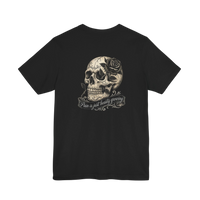 DailyThreadCo. black 100% cotton t-shirt with a detailed graphic of a skull adorned with a rose and a banner reading 