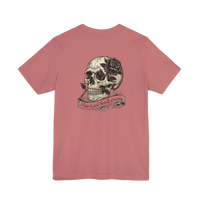 DailyThreadCo. dusty rose 100% cotton graphic tee with a vintage skull and rose design and the text 