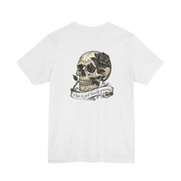 DailyThreadCo. light grey 100% cotton t-shirt with a vintage skull and rose graphic and the text 