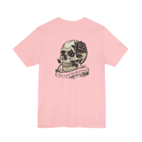DailyThreadCo. pink cotton t-shirt with a graphic of a skull with a black rose and a banner that reads 