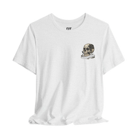 DailyThreadCo. white cotton t-shirt with a hand-drawn skull and rose graphic on the chest, featuring text on a banner.