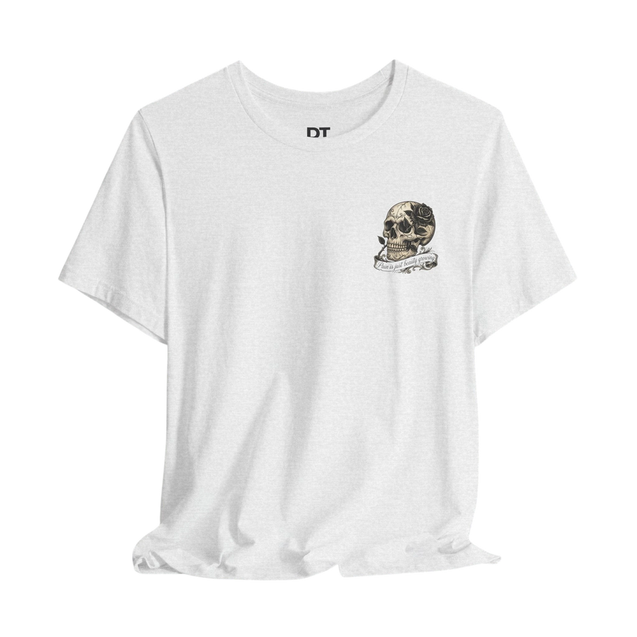 DailyThreadCo. white cotton t-shirt with a hand-drawn skull and rose graphic on the chest, featuring text on a banner.