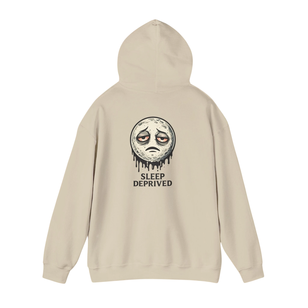 DailyThreadCo. beige cotton-poly blend hoodie with a dripping moon graphic and "SLEEP DEPRIVED" text on the back.