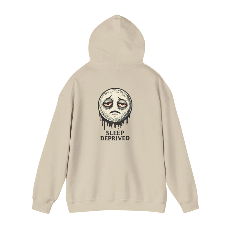 DailyThreadCo. beige cotton-poly blend hoodie with a dripping moon graphic and "SLEEP DEPRIVED" text on the back.
