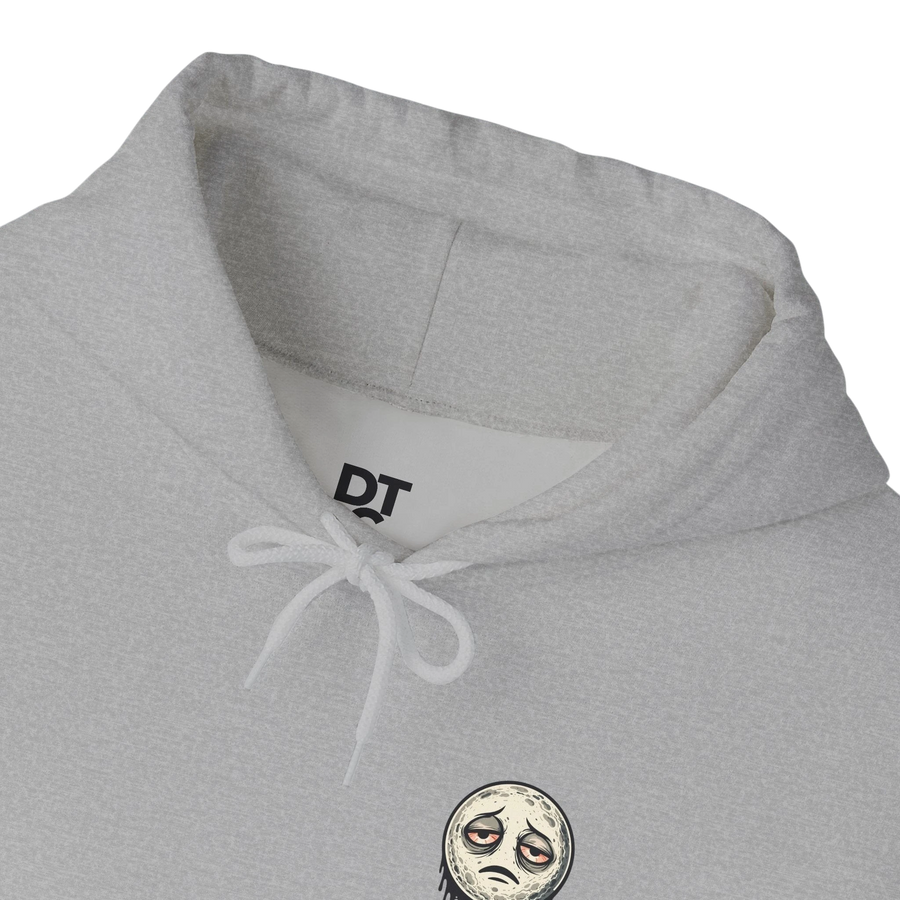 DailyThreadCo. light grey heathered cotton-poly blend hoodie with a dripping moon graphic and "SLEEP DEPRIVED" text.
