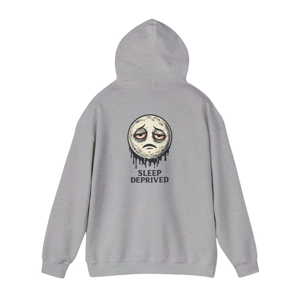 DailyThreadCo. grey cotton-poly blend hoodie with a dripping moon graphic and "SLEEP DEPRIVED" text on the back.