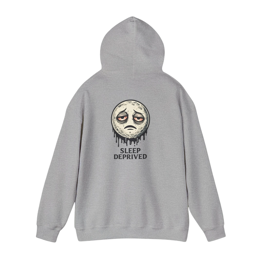 DailyThreadCo. grey cotton-poly blend hoodie with a dripping moon graphic and "SLEEP DEPRIVED" text on the back.