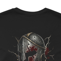 DailyThreadCo. black 100% cotton t-shirt with a distressed graphic of a bloody Spartan helmet and lightning.
