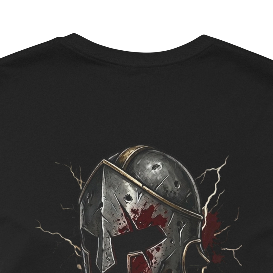 DailyThreadCo. black 100% cotton t-shirt with a distressed graphic of a bloody Spartan helmet and lightning.