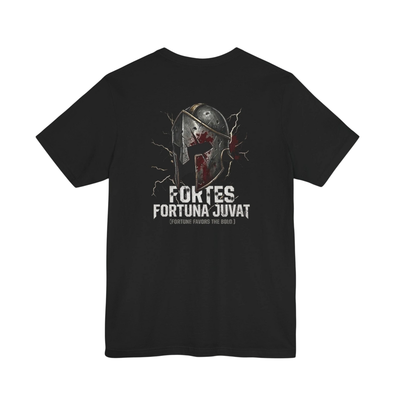DailyThreadCo. black 100% cotton t-shirt with a distressed Spartan helmet graphic and "Fortes Fortuna Juvat" text.