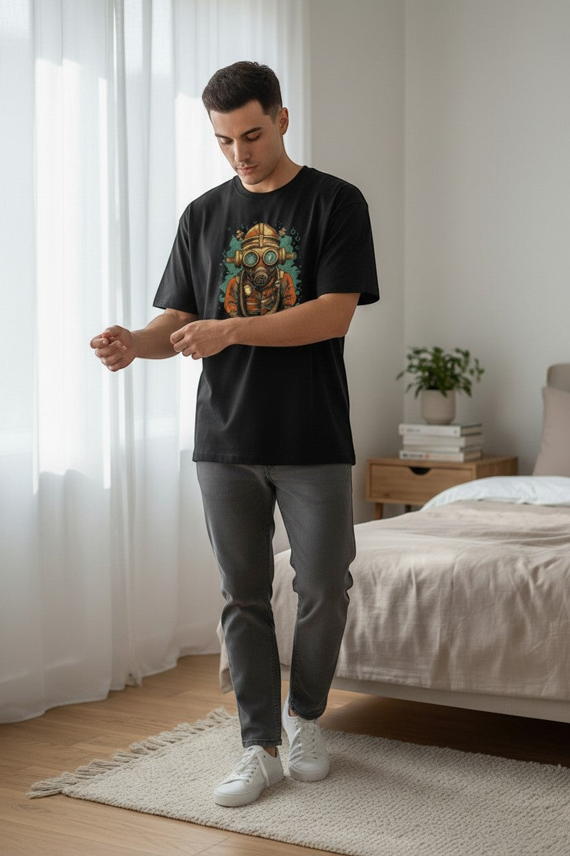 DailyThreadCo. black 100% cotton t-shirt with vintage diver mask steampunk graphic. Crew neck, short sleeves.
