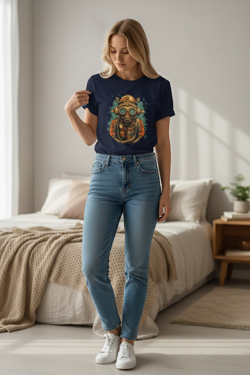 DailyThreadCo. navy blue 100% cotton t-shirt with vintage diver mask steampunk graphic