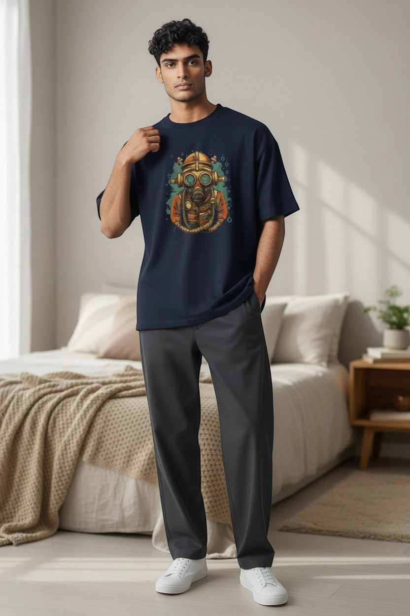 DailyThreadCo. navy blue 100% cotton t-shirt with vintage diver mask steampunk graphic print.