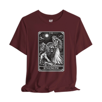 DailyThreadCo. maroon 100% cotton t-shirt with vintage Strength tarot card illustration of a skeleton woman and a lion.