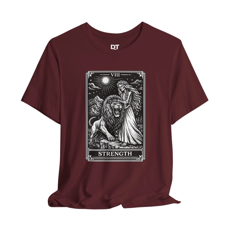 DailyThreadCo. maroon 100% cotton t-shirt with vintage Strength tarot card illustration of a skeleton woman and a lion.