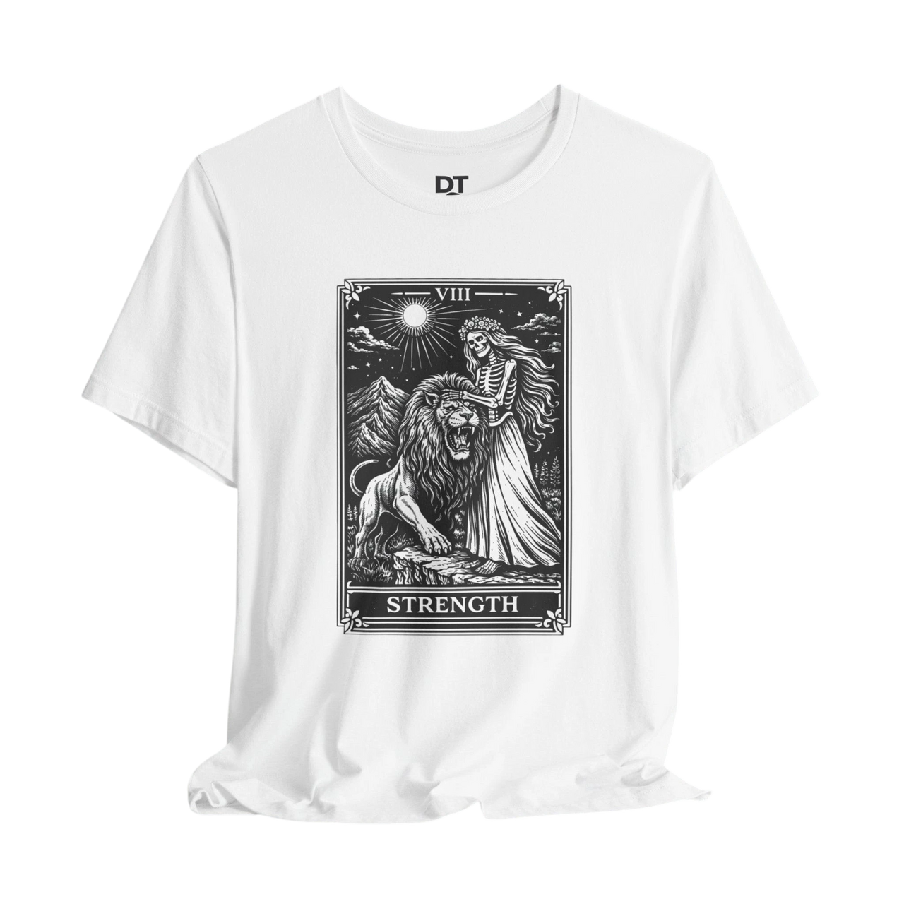 DailyThreadCo. white 100% cotton t-shirt with vintage Strength tarot card illustration of a skeleton woman and lion.
