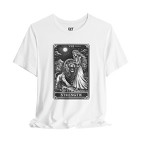 DailyThreadCo. white 100% cotton t-shirt with vintage Strength tarot card illustration of a skeleton woman and lion.