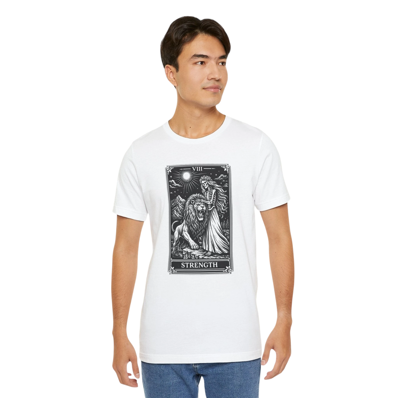 DailyThreadCo. white crew neck t-shirt with vintage Strength tarot card illustration of a woman and lion.
